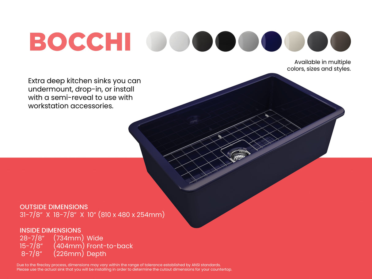 BOCCHI 1362-010-0120 Sotto Dual-mount Fireclay 32 in. Single Bowl Kitchen Sink with Protective Bottom Grid and Strainer in Sapphire Blue