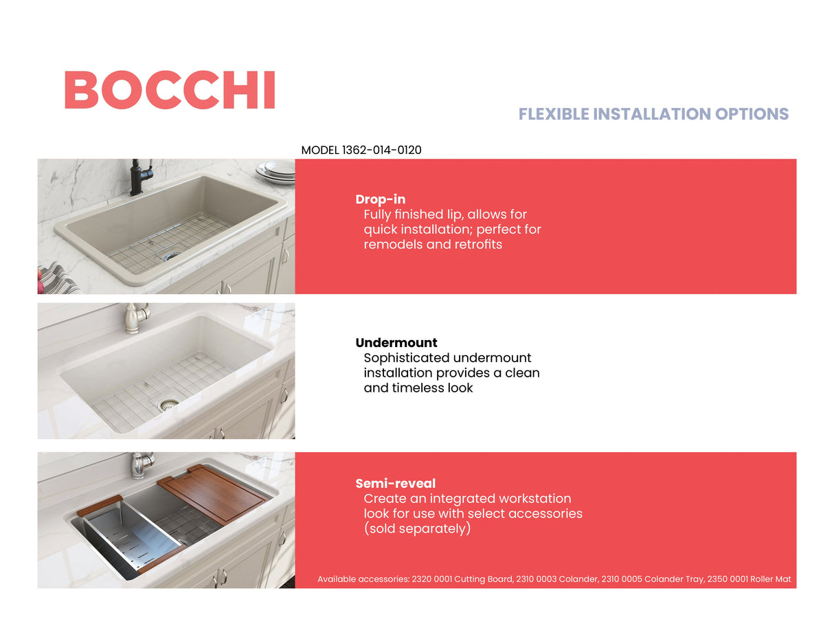 BOCCHI 1362-014-0120 Sotto Dual-mount Fireclay 32 in. Single Bowl Kitchen Sink with Protective Bottom Grid and Strainer in Biscuit