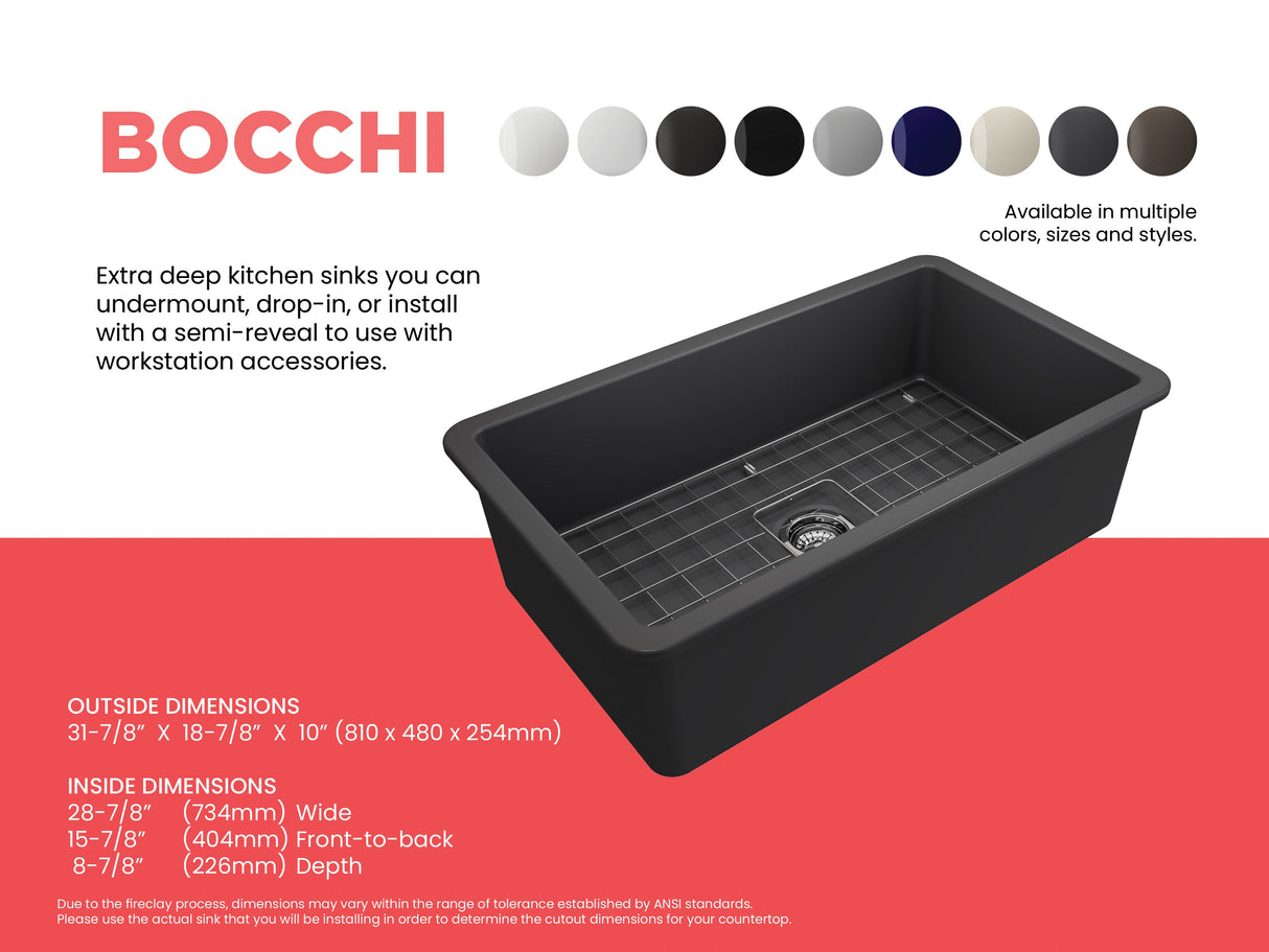 BOCCHI 1362-020-0120 Sotto Dual-mount Fireclay 32 in. Single Bowl Kitchen Sink with Protective Bottom Grid and Strainer in Matte Dark Gray