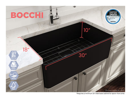 BOCCHI 1481-004-0120 Aderci Ultra-Slim Farmhouse Apron Front Fireclay 30 in. Single Bowl Kitchen Sink with Protective Bottom Grid and Strainer in Matte Black