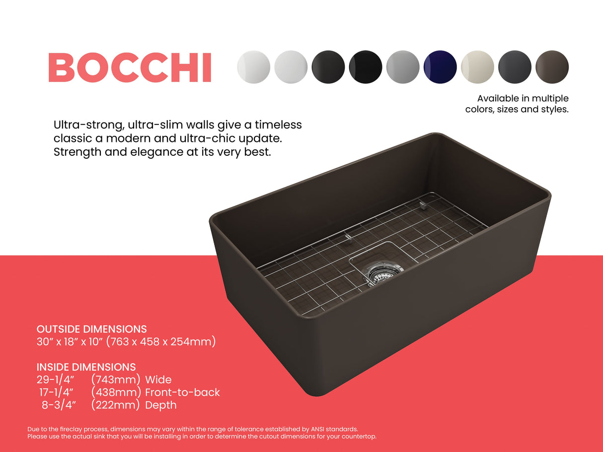 BOCCHI 1481-025-0120 Aderci Ultra-Slim Farmhouse Apron Front Fireclay 30 in. Single Bowl Kitchen Sink with Protective Bottom Grid and Strainer in Matte Brown
