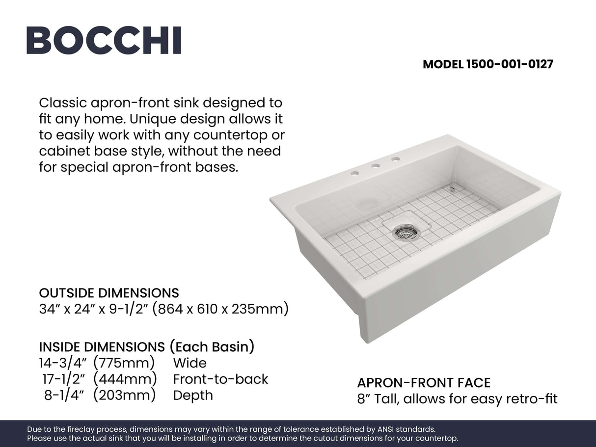 BOCCHI 1500-001-0127 Nuova Apron Front Drop-In Fireclay 34 in. Single Bowl Kitchen Sink with Protective Bottom Grid and Strainer in White