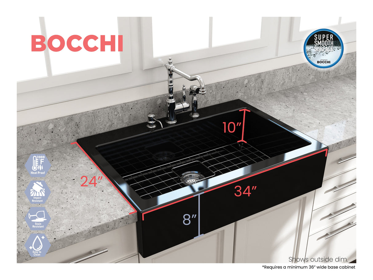 BOCCHI 1500-005-0127 Nuova Apron Front Drop-In Fireclay 34 in. Single Bowl Kitchen Sink with Protective Bottom Grid and Strainer in Black
