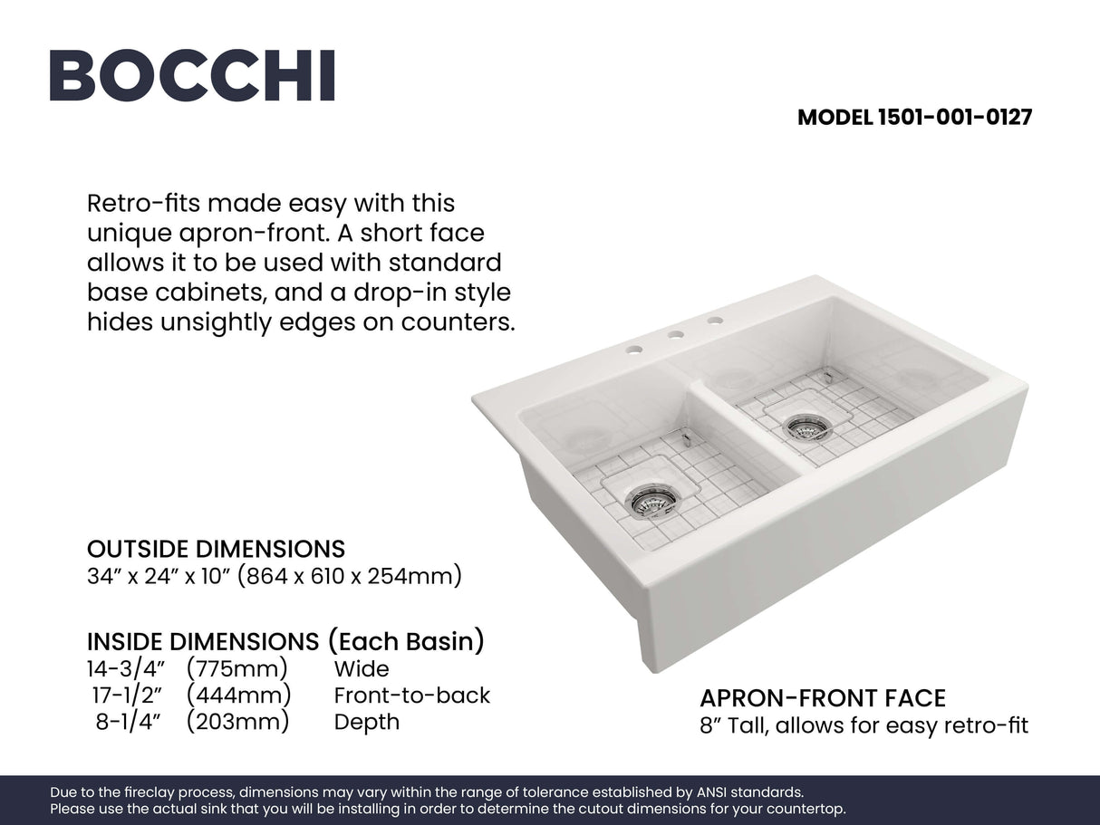 BOCCHI 1501-001-0127 Nuova Apron Front Drop-In Fireclay 34 in. 50/50 Double Bowl Kitchen Sink with Protective Bottom Grids and Strainers in White