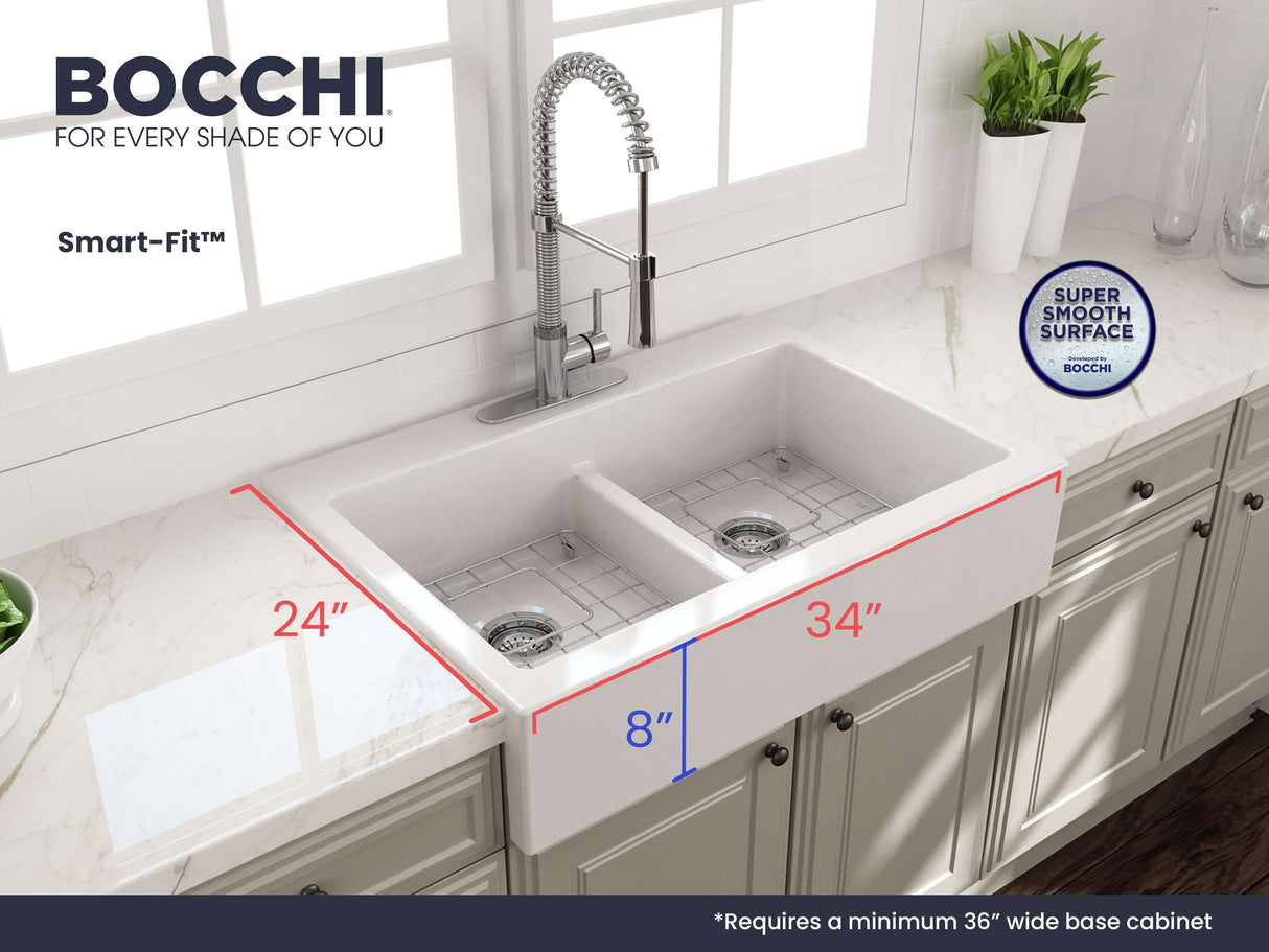 BOCCHI 1501-001-0127 Nuova Apron Front Drop-In Fireclay 34 in. 50/50 Double Bowl Kitchen Sink with Protective Bottom Grids and Strainers in White