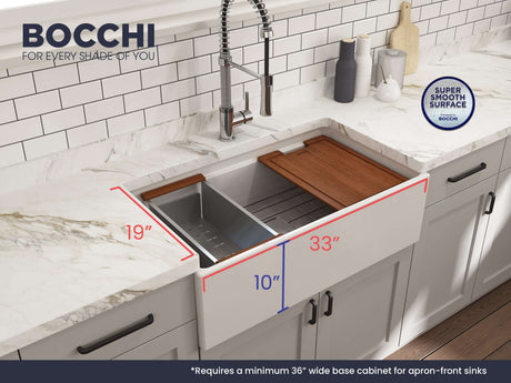 BOCCHI 1504-001-0120 Contempo Step-Rim Apron Front Fireclay 33 in. Single Bowl Kitchen Sink with Integrated Work Station & Accessories in White
