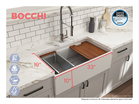 BOCCHI 1504-002-0120 Contempo Step-Rim Apron Front Fireclay 33 in. Single Bowl Kitchen Sink with Integrated Work Station & Accessories in Matte White