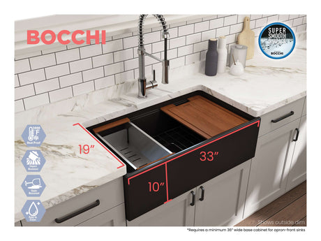 BOCCHI 1504-004-0120 Contempo Step-Rim Apron Front Fireclay 33 in. Single Bowl Kitchen Sink with Integrated Work Station & Accessories in Matte Black