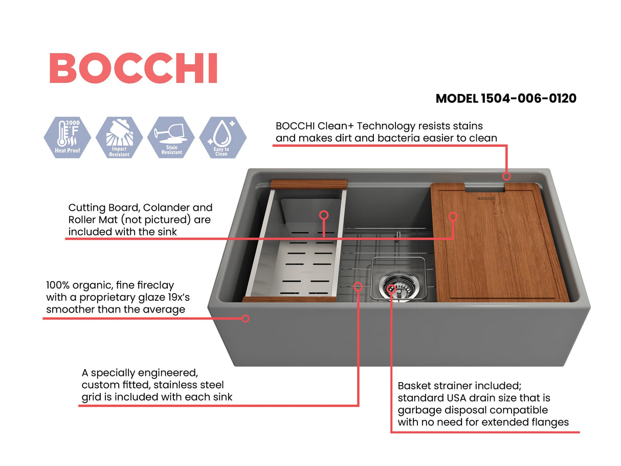 BOCCHI 1504-006-0120 Contempo Step-Rim Apron Front Fireclay 33 in. Single Bowl Kitchen Sink with Integrated Work Station & Accessories in Matte Gray