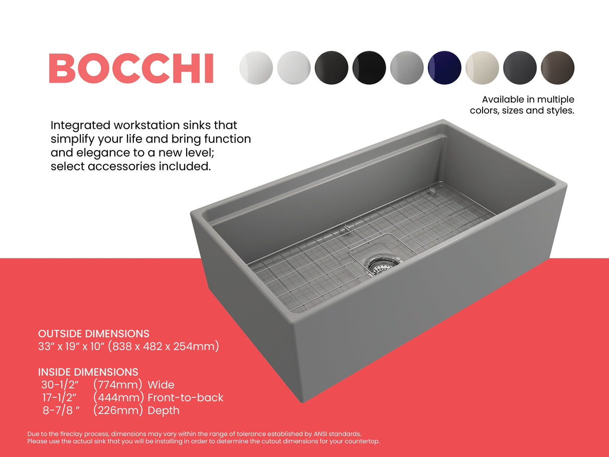 BOCCHI 1504-006-0120 Contempo Step-Rim Apron Front Fireclay 33 in. Single Bowl Kitchen Sink with Integrated Work Station & Accessories in Matte Gray