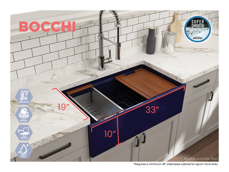 BOCCHI 1504-010-0120 Contempo Step-Rim Apron Front Fireclay 33 in. Single Bowl Kitchen Sink with Integrated Work Station & Accessories in Sapphire Blue