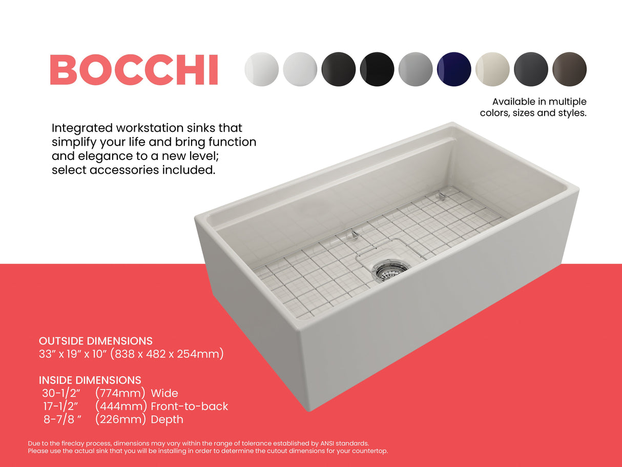 BOCCHI 1504-014-0120 Contempo Step-Rim Apron Front Fireclay 33 in. Single Bowl Kitchen Sink with Integrated Work Station & Accessories in Biscuit