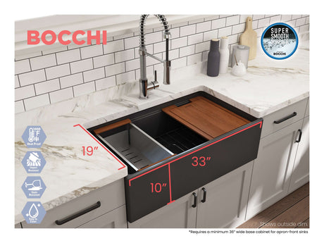 BOCCHI 1504-020-0120 Contempo Step-Rim Apron Front Fireclay 33 in. Single Bowl Kitchen Sink with Integrated Work Station & Accessories in Matte Dark Gray