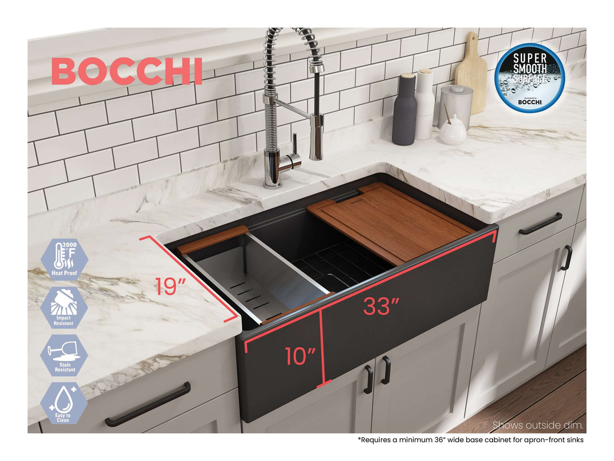 BOCCHI 1504-020-0120 Contempo Step-Rim Apron Front Fireclay 33 in. Single Bowl Kitchen Sink with Integrated Work Station & Accessories in Matte Dark Gray