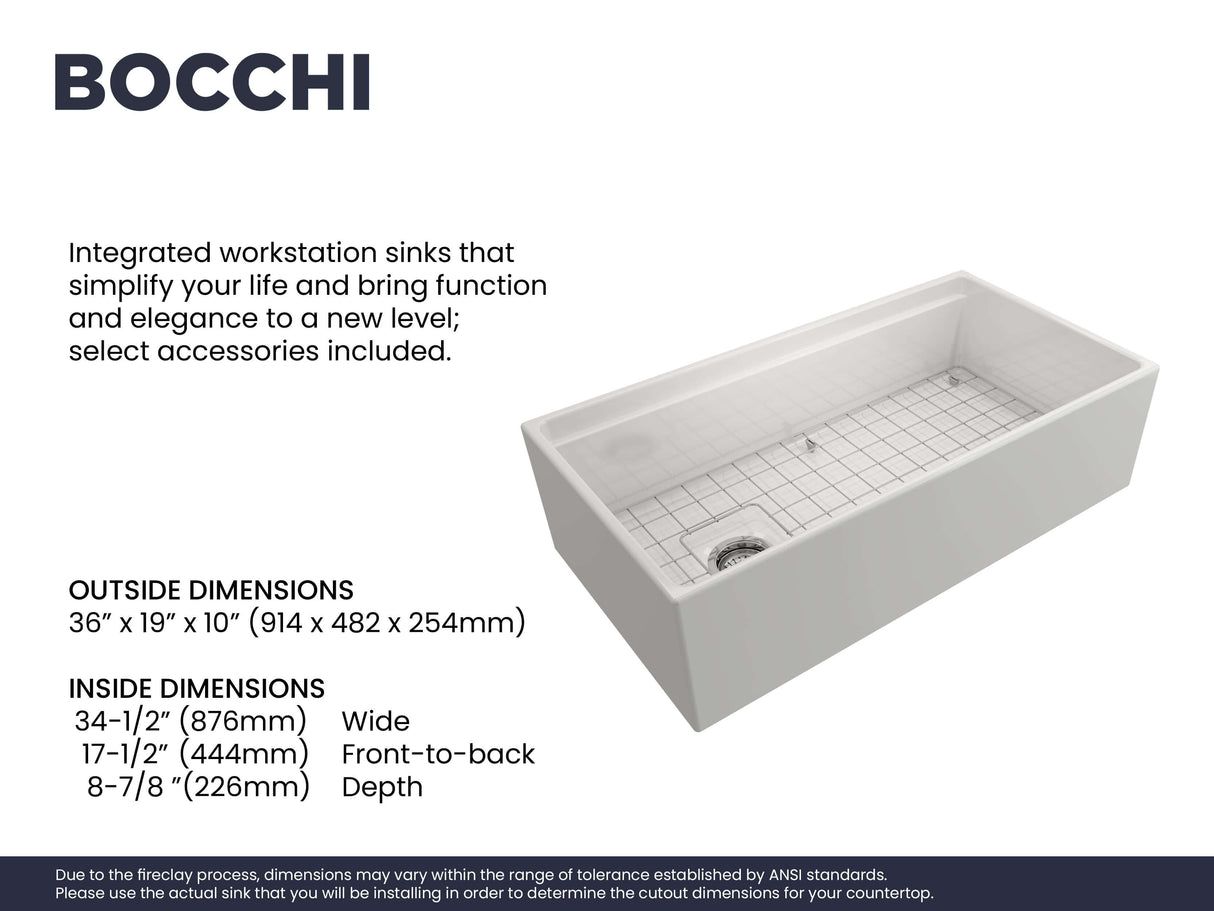 BOCCHI 1505-001-0120 Contempo Step-Rim Apron Front Fireclay 36 in. Single Bowl Kitchen Sink with Integrated Work Station & Accessories in White