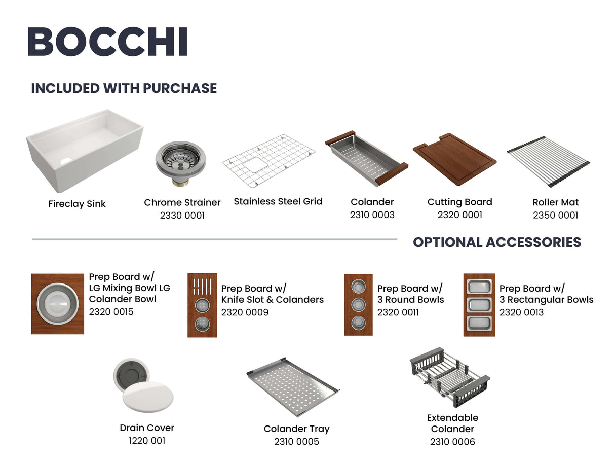 BOCCHI 1505-001-0120 Contempo Step-Rim Apron Front Fireclay 36 in. Single Bowl Kitchen Sink with Integrated Work Station & Accessories in White