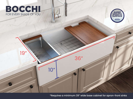 BOCCHI 1505-001-0120 Contempo Step-Rim Apron Front Fireclay 36 in. Single Bowl Kitchen Sink with Integrated Work Station & Accessories in White