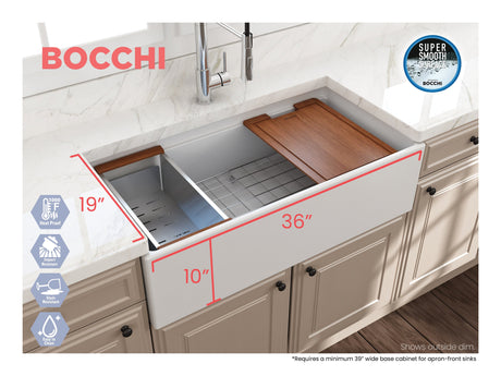 BOCCHI 1505-002-0120 Contempo Step-Rim Apron Front Fireclay 36 in. Single Bowl Kitchen Sink with Integrated Work Station & Accessories in Matte White