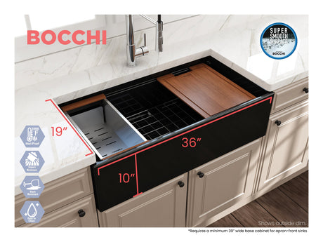 BOCCHI 1505-005-0120 Contempo Step-Rim Apron Front Fireclay 36 in. Single Bowl Kitchen Sink with Integrated Work Station & Accessories in Black