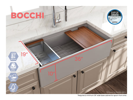 BOCCHI 1505-006-0120 Contempo Step-Rim Apron Front Fireclay 36 in. Single Bowl Kitchen Sink with Integrated Work Station & Accessories in Matte Gray