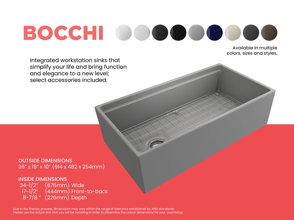 BOCCHI 1505-006-0120 Contempo Step-Rim Apron Front Fireclay 36 in. Single Bowl Kitchen Sink with Integrated Work Station & Accessories in Matte Gray