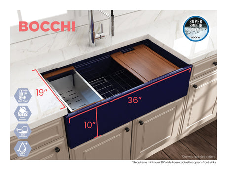 BOCCHI 1505-010-0120 Contempo Step-Rim Apron Front Fireclay 36 in. Single Bowl Kitchen Sink with Integrated Work Station & Accessories in Sapphire Blue