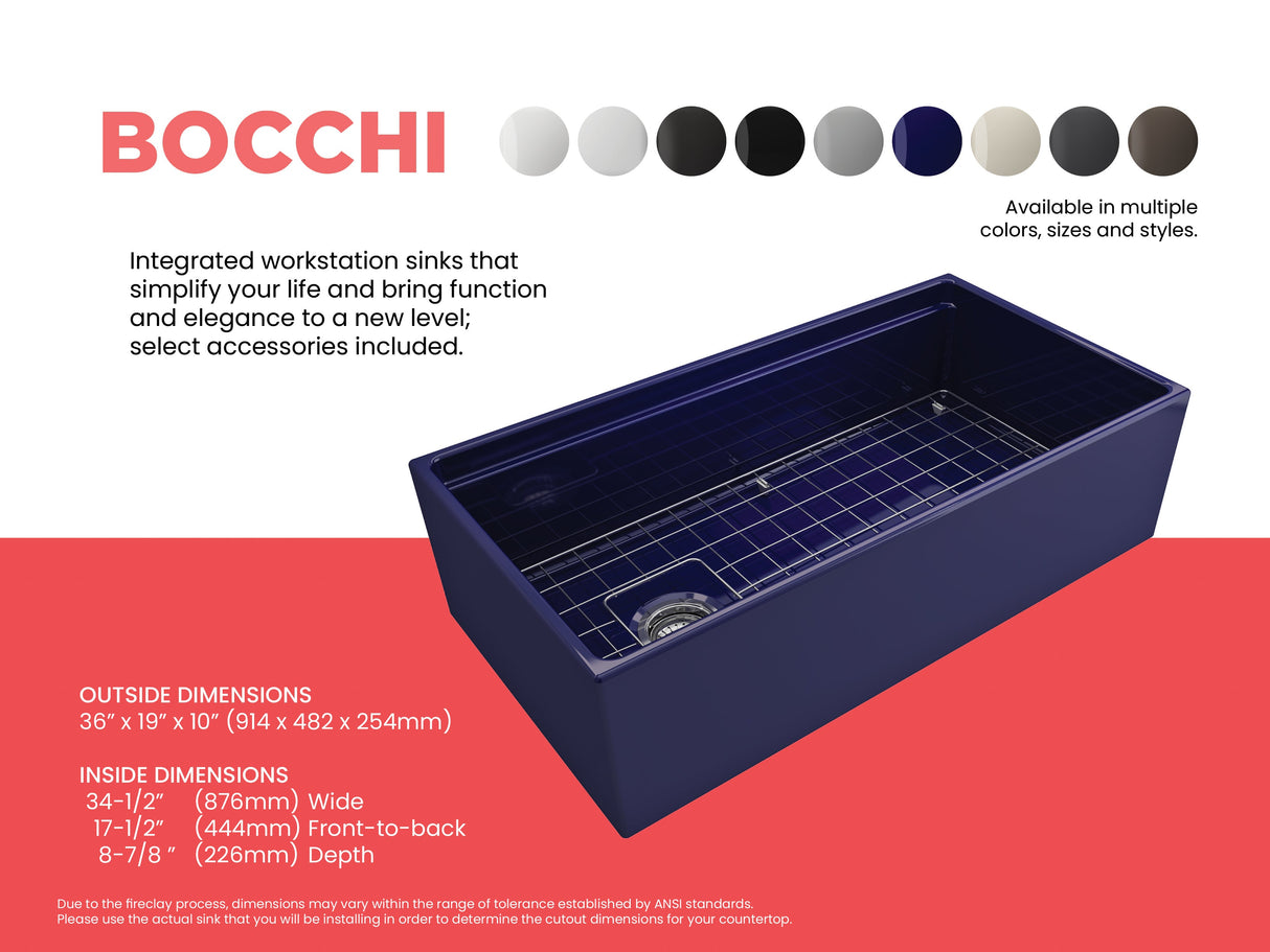 BOCCHI 1505-010-0120 Contempo Step-Rim Apron Front Fireclay 36 in. Single Bowl Kitchen Sink with Integrated Work Station & Accessories in Sapphire Blue