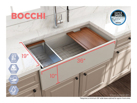BOCCHI 1505-014-0120 Contempo Step-Rim Apron Front Fireclay 36 in. Single Bowl Kitchen Sink with Integrated Work Station & Accessories in Biscuit