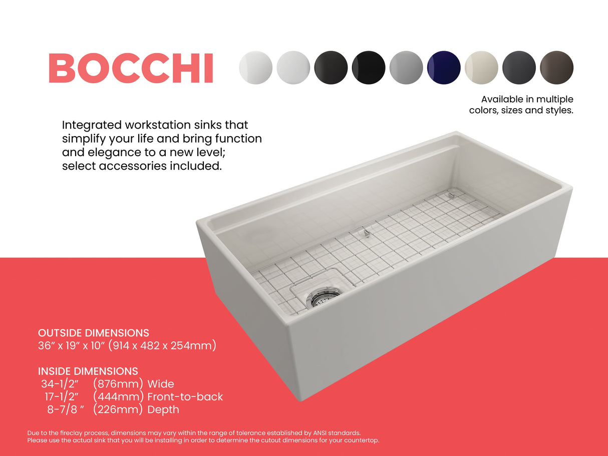 BOCCHI 1505-014-0120 Contempo Step-Rim Apron Front Fireclay 36 in. Single Bowl Kitchen Sink with Integrated Work Station & Accessories in Biscuit