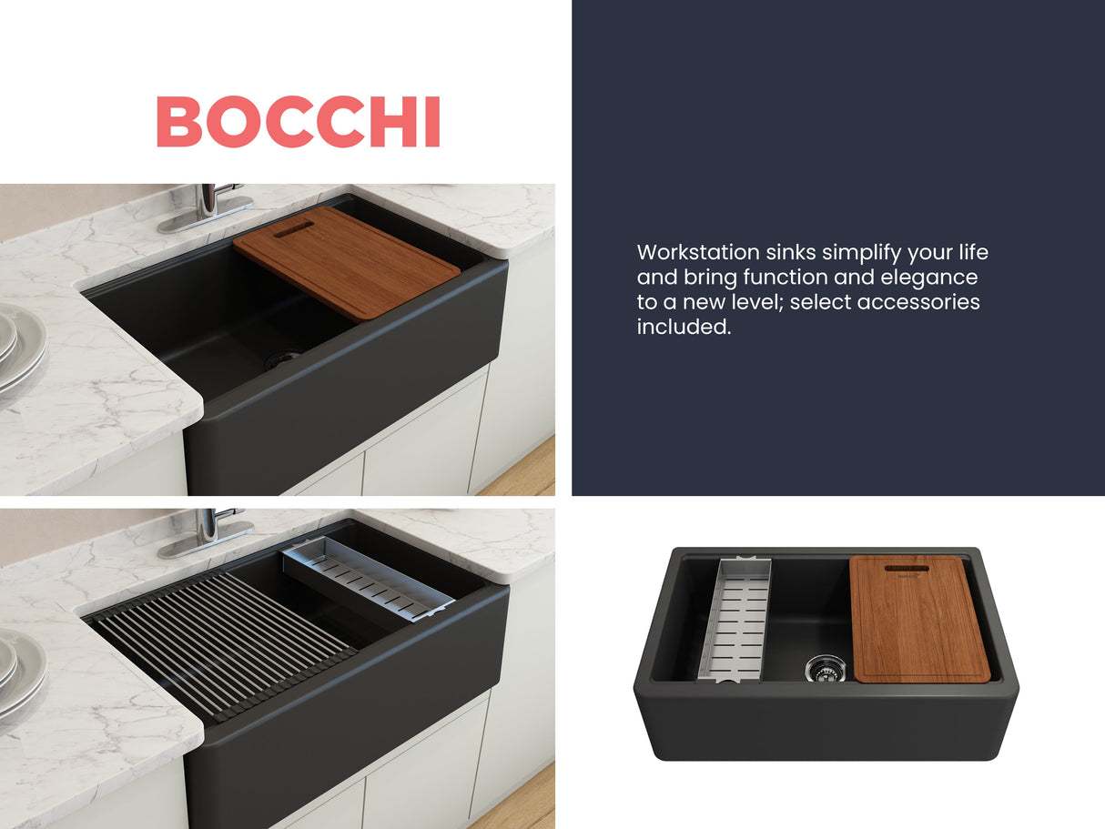 BOCCHI 1600-504-2020SS Kit: 1600 Arona Apron-Front 33 in. Single Bowl Granite Composite Kitchen Sink with Integrated Workstation and Accessories w/ Livenza 2.0 Faucet