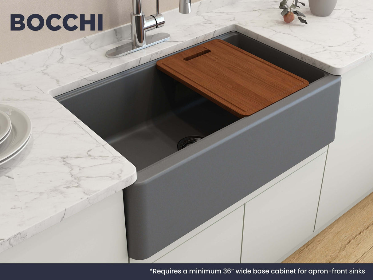 BOCCHI 1600-506-0120 Arona Apron-Front 33 in. Single Bowl Granite Composite Kitchen Sink with Integrated Workstation and Accessories in Concrete Gray