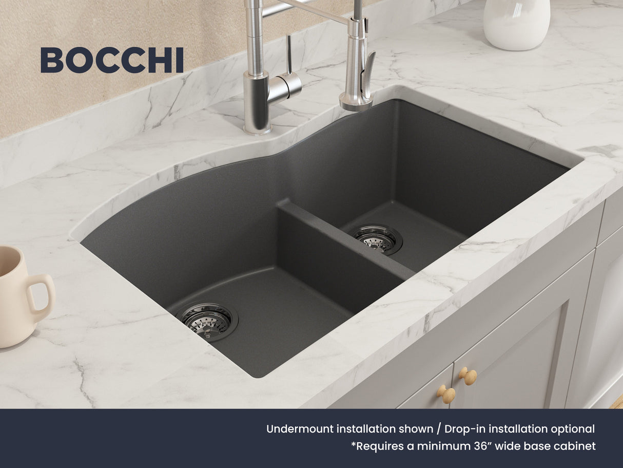 BOCCHI 1602-506-0126 Campino Duo Dual Mount Granite Composite 33 in. 60/40 Double Bowl Kitchen Sink with Strainers in Concrete Gray