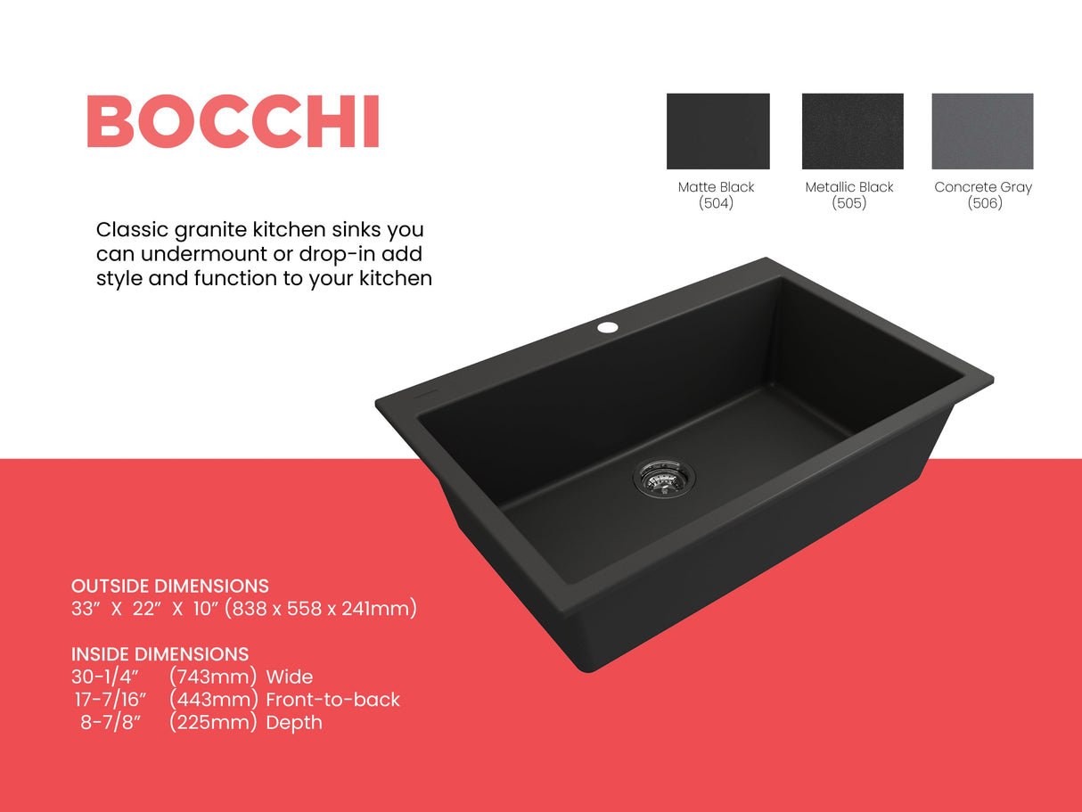 BOCCHI 1604-504-0126 Campino Uno Dual Mount Granite Composite 33 in. Single Bowl Kitchen Sink with Strainer in Matte Black