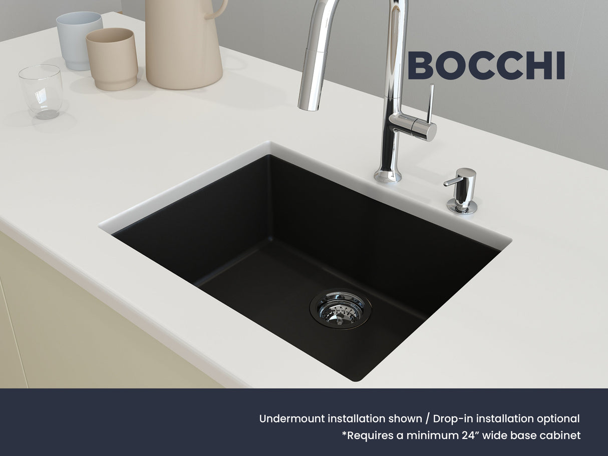 BOCCHI 1606-504-0126 Campino Uno Dual Mount Granite Composite 24 in. Single Bowl Kitchen Sink with Strainer in Matte Black