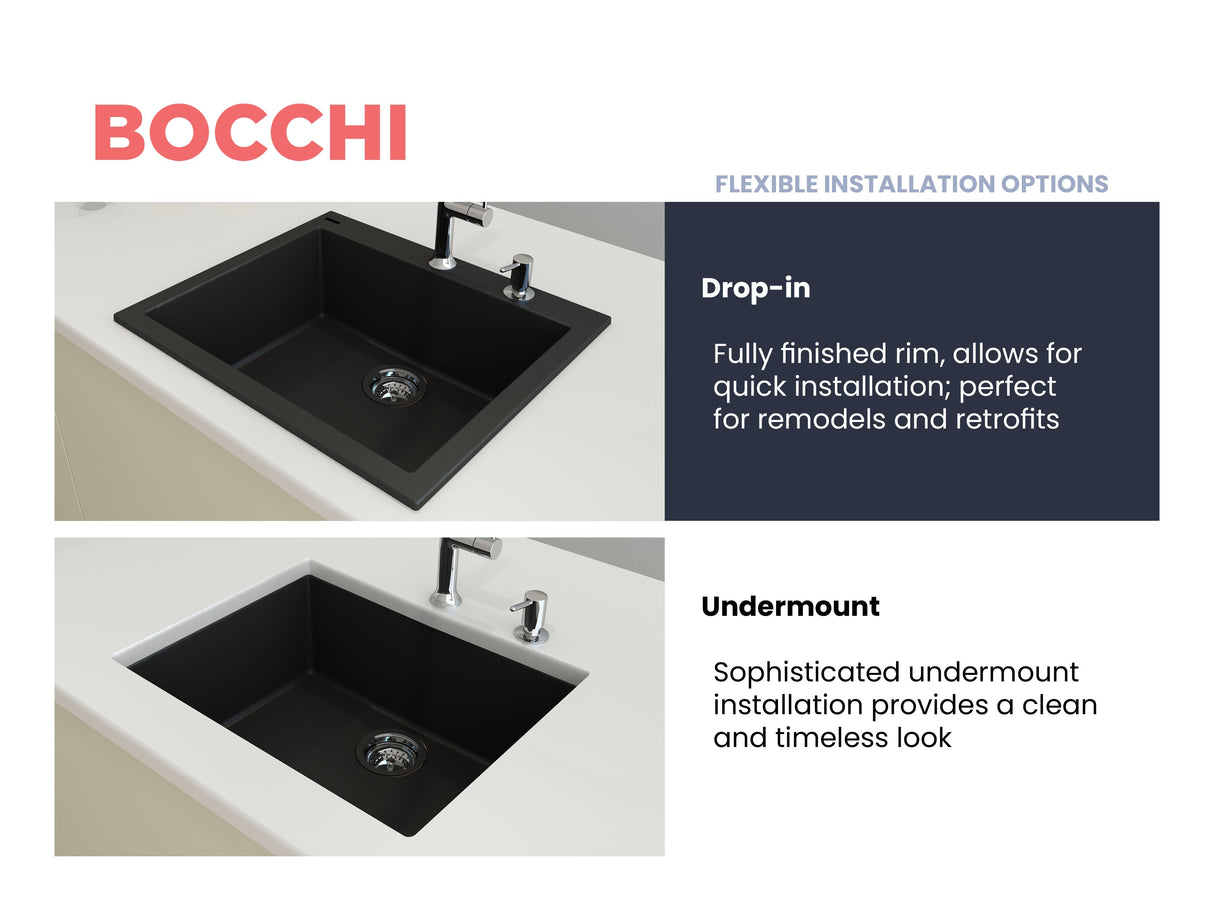 BOCCHI 1606-504-0126 Campino Uno Dual Mount Granite Composite 24 in. Single Bowl Kitchen Sink with Strainer in Matte Black