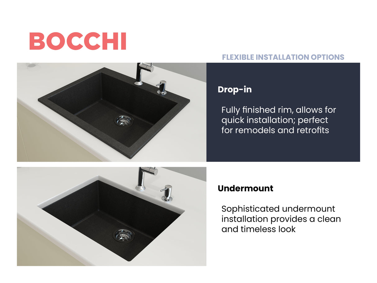 BOCCHI 1606-505-0126 Campino Uno Dual Mount Granite Composite 24 in. Single Bowl Kitchen Sink with Strainer in Metallic Black