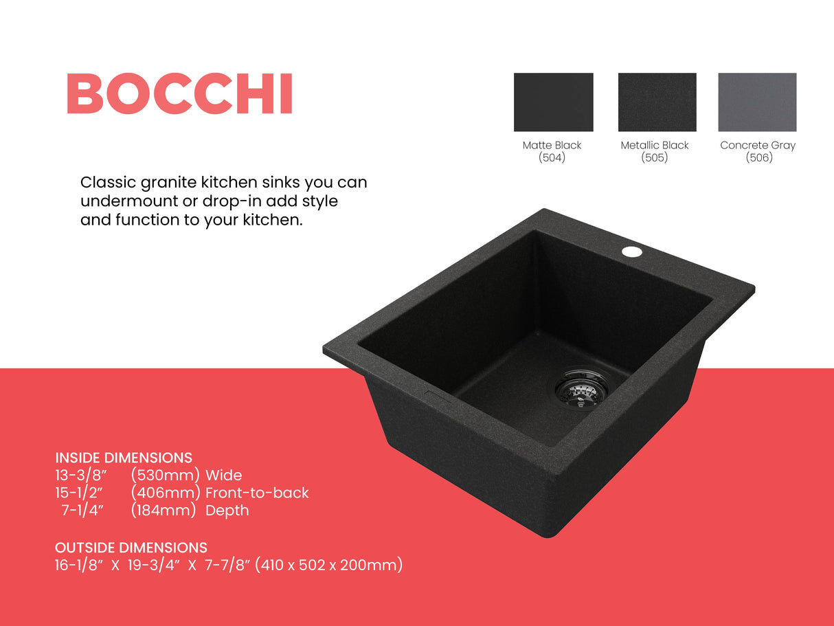 BOCCHI 1608-505-0126 Campino Uno Dual Mount Granite Composite 16 in. Single Bowl Bar Sink with Strainer in Metallic Black