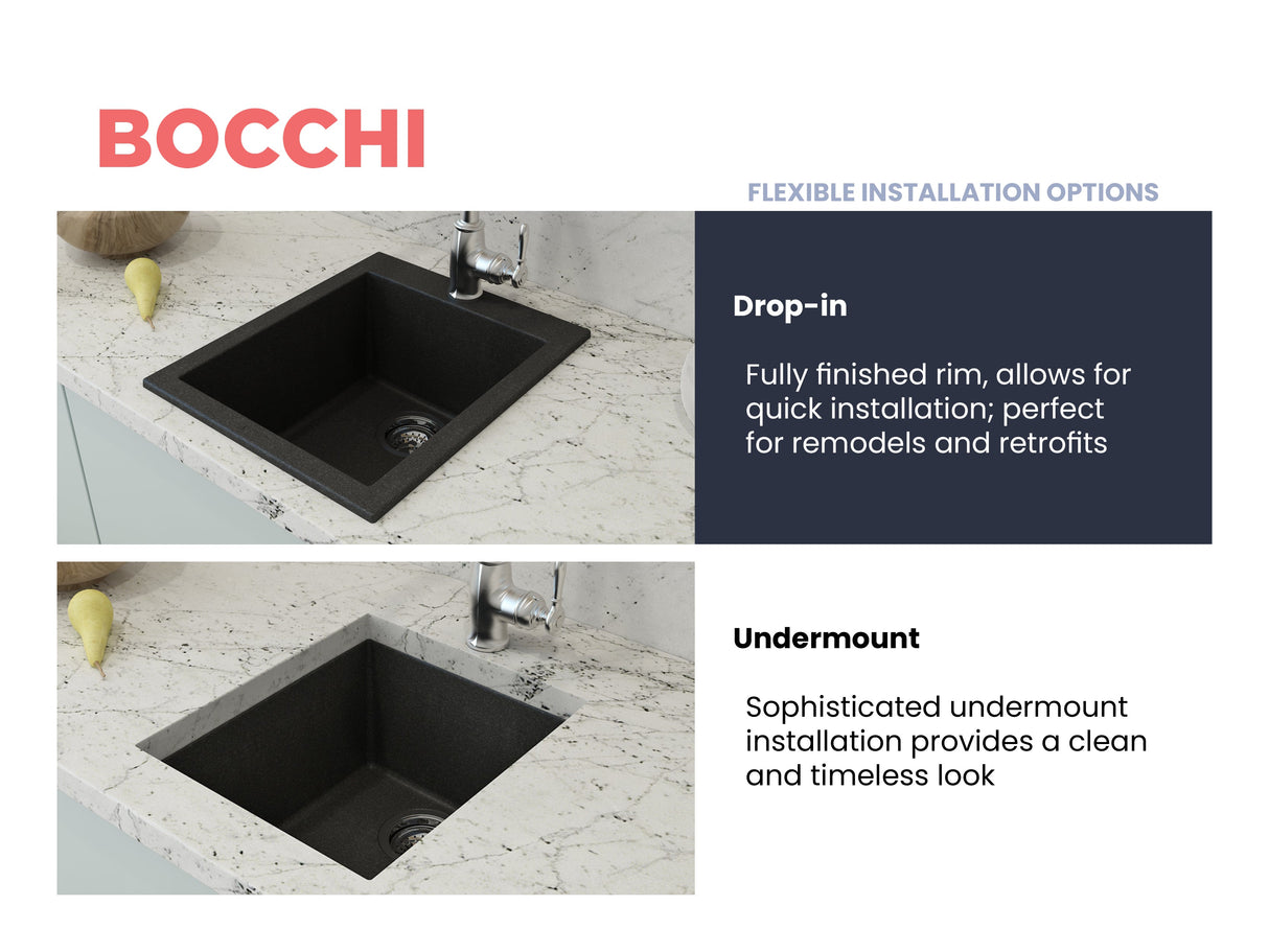 BOCCHI 1608-505-0126 Campino Uno Dual Mount Granite Composite 16 in. Single Bowl Bar Sink with Strainer in Metallic Black