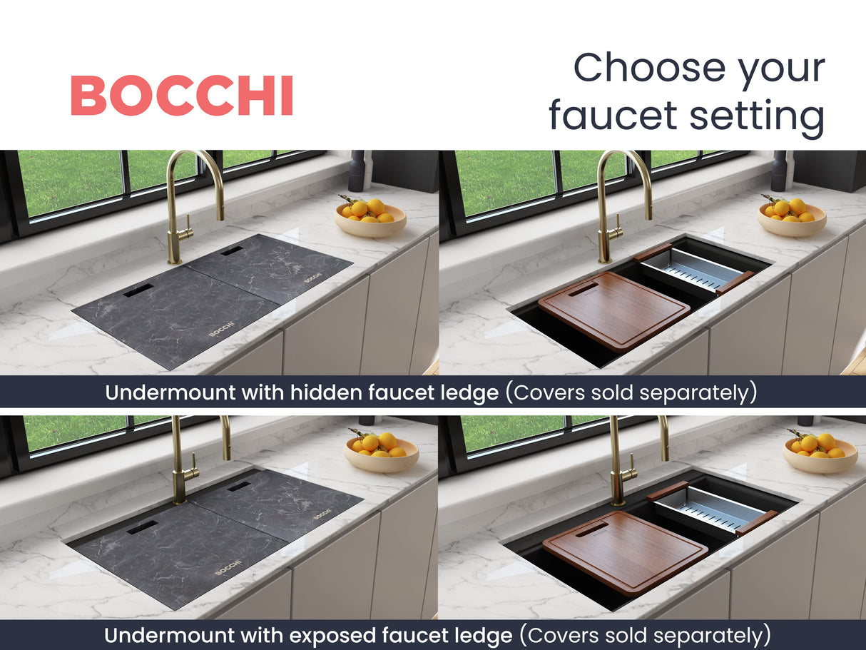 BOCCHI 1618-505-0126 Baveno Lux Undermount 34D in. Double Bowl Granite Composite Kitchen Sink with Integrated Workstation and Accessories in Metallic Black