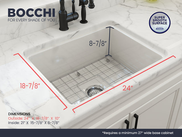 BOCCHI 1627-001-0120 Sotto Dual-Mount Fireclay 24 in. Single Bowl Kitchen Sink with Protective Bottom Grid and Strainer in White