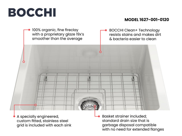 BOCCHI 1627-001-0120 Sotto Dual-Mount Fireclay 24 in. Single Bowl Kitchen Sink with Protective Bottom Grid and Strainer in White
