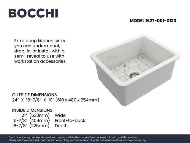 BOCCHI 1627-001-0120 Sotto Dual-Mount Fireclay 24 in. Single Bowl Kitchen Sink with Protective Bottom Grid and Strainer in White
