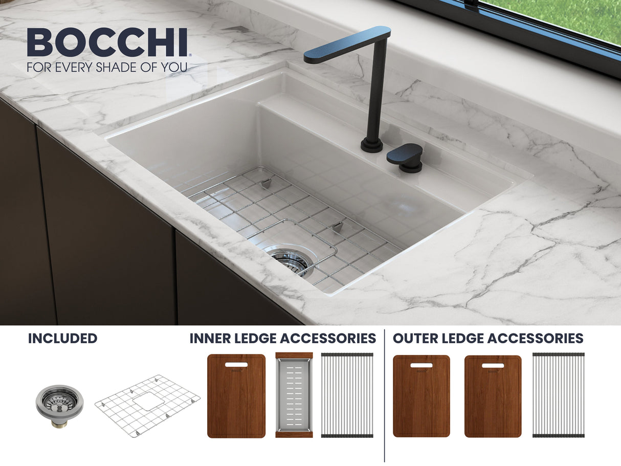 BOCCHI 1633-001-0132 Baveno Uno Dual-Mount with Integrated Workstation Fireclay 27 in. Single Bowl Kitchen Sink 2-hole with Accessories in White