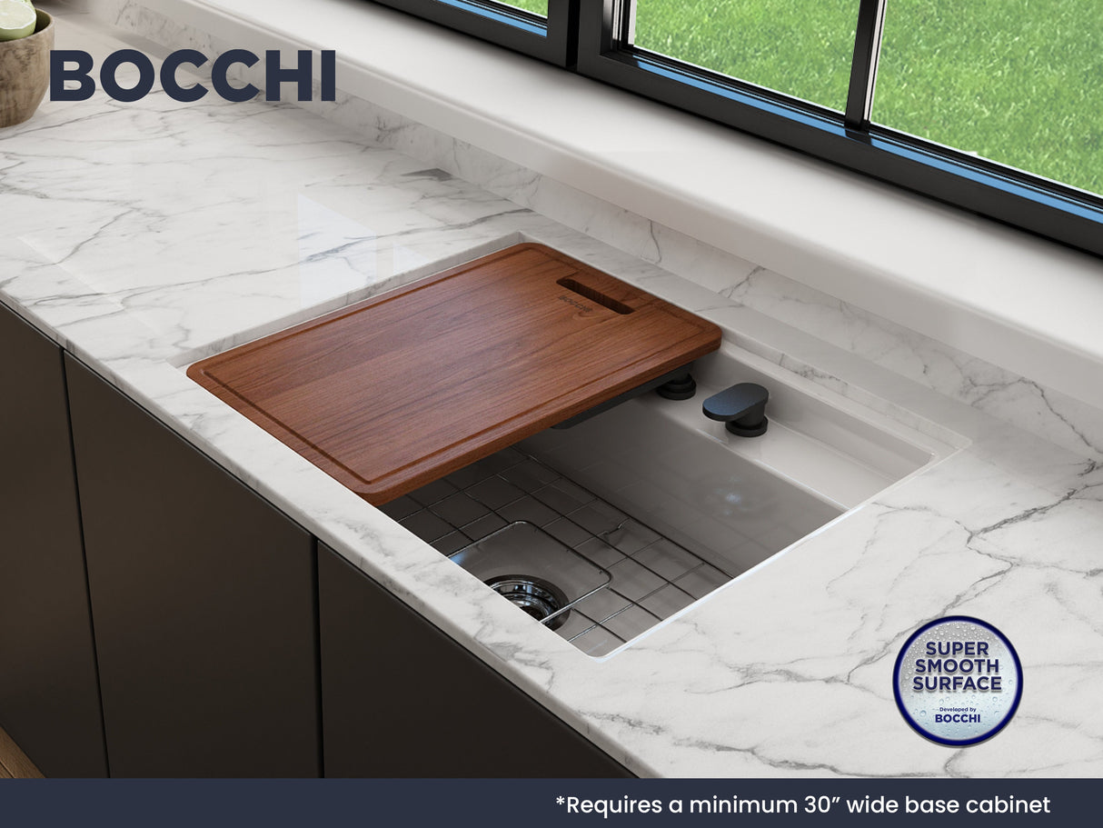 BOCCHI 1633-001-0132 Baveno Uno Dual-Mount with Integrated Workstation Fireclay 27 in. Single Bowl Kitchen Sink 2-hole with Accessories in White