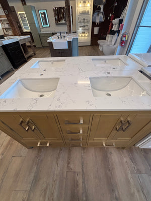 New England Home Goods 60" Double Sink Vanity in oak with Double Bowl Quartz Top