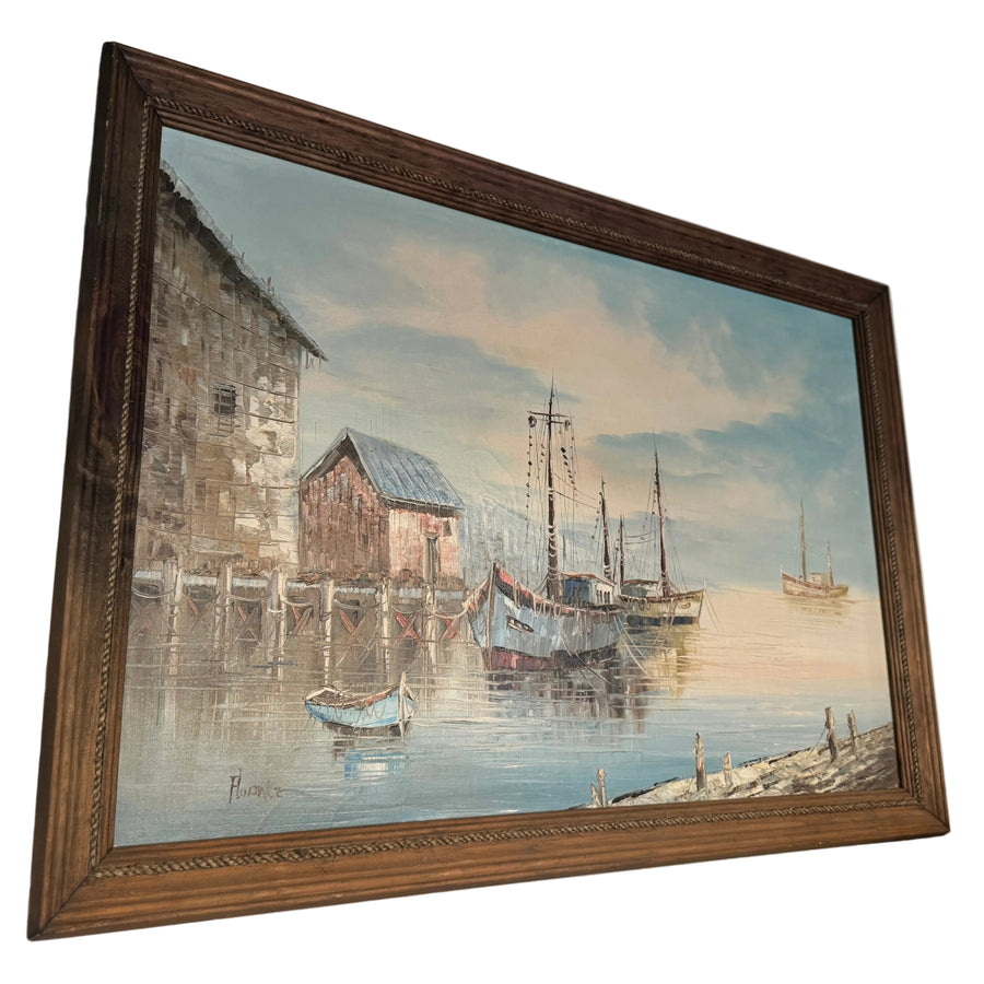 Vintage Coastal Harbor Oil Painting – Wood Frame