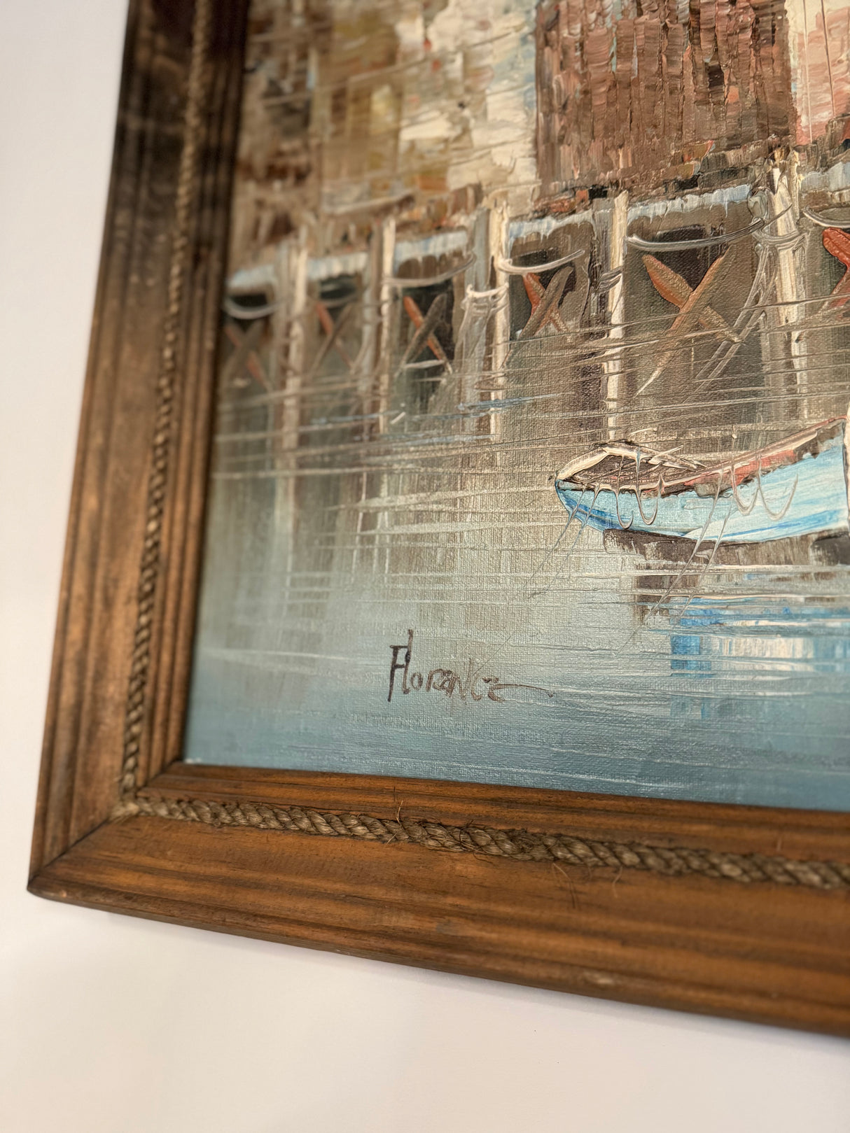 Vintage Coastal Harbor Oil Painting – Wood Frame
