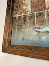 Vintage Coastal Harbor Oil Painting – Wood Frame
