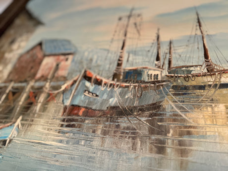 Vintage Coastal Harbor Oil Painting – Wood Frame