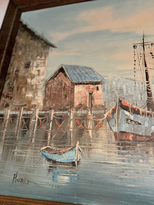 Vintage Coastal Harbor Oil Painting – Wood Frame